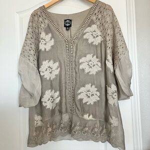 Taupe Silk Blouse with Embroidered Floral Design